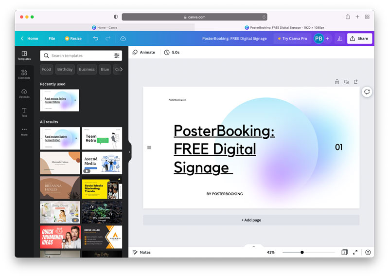 How to create free digital signage content using Canva and PosterBooking: Start Designing