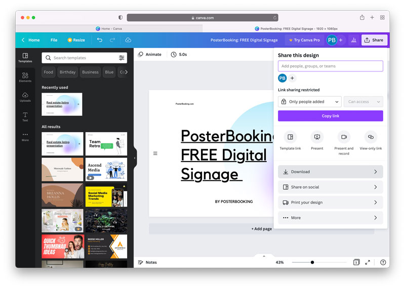 How to create free digital signage content using Canva and PosterBooking: Download