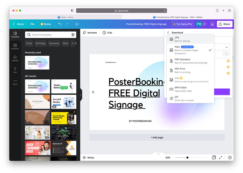 How to create free digital signage content using Canva and PosterBooking: Select a format