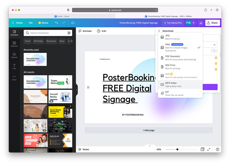 How to create free digital signage content using Canva and PosterBooking: Saving videos