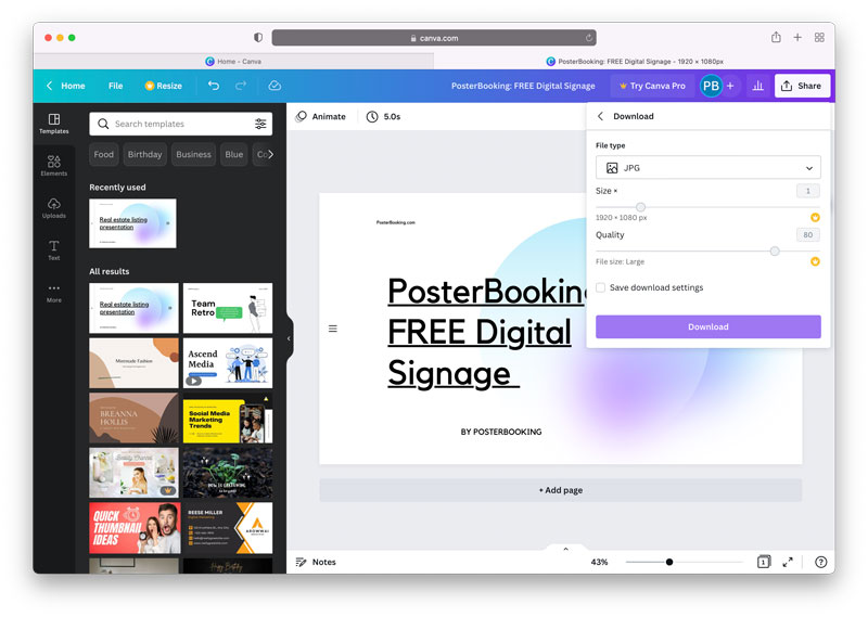 How to create free digital signage content using Canva and PosterBooking: Download onto your device