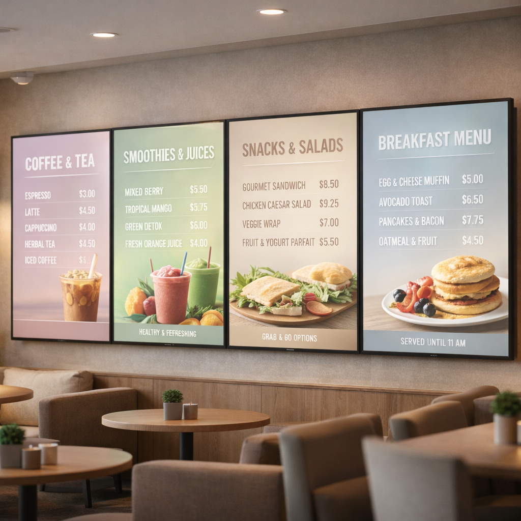 PosterBooking digital signage screens in a cafe