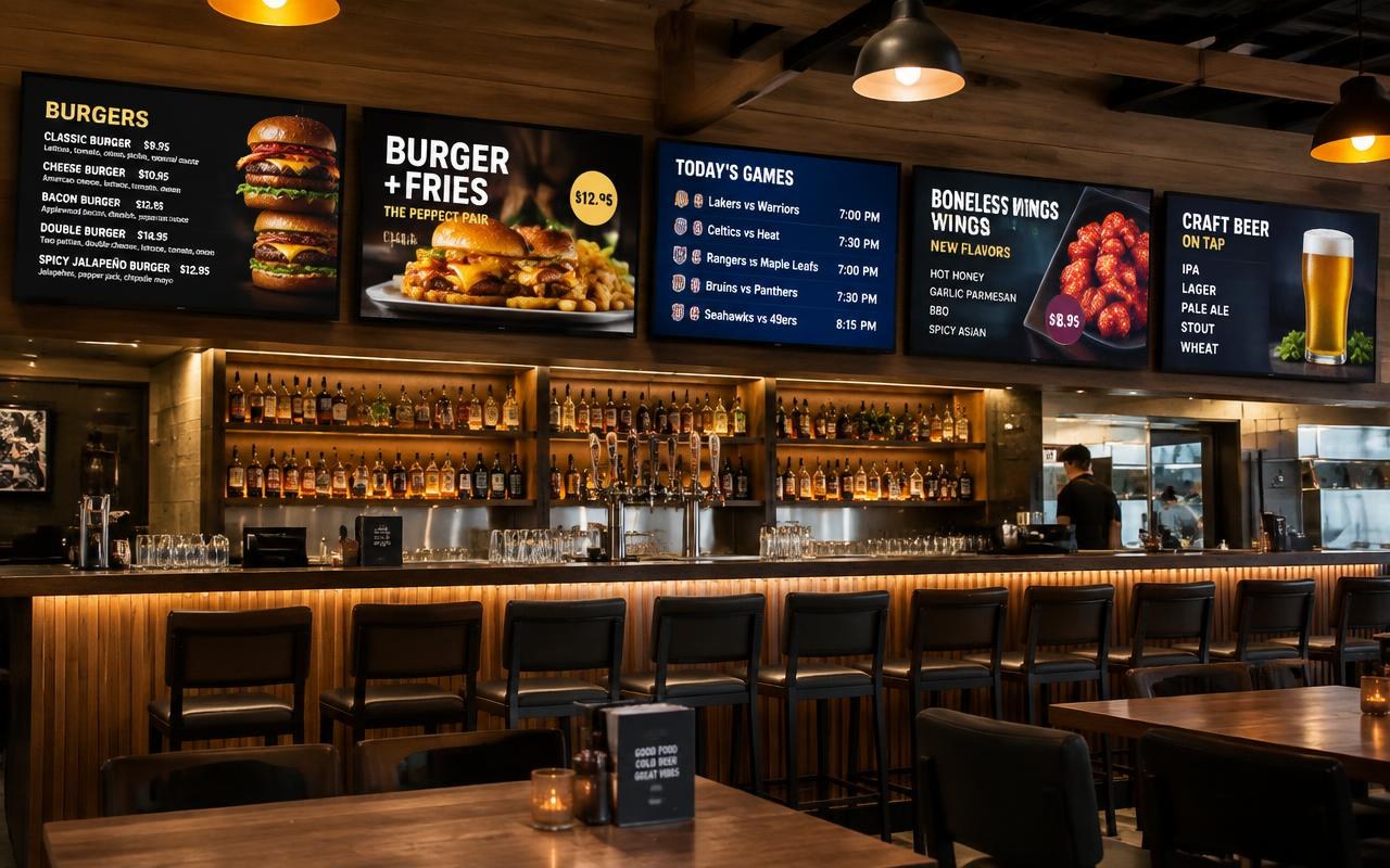 A burger bar using PosterBooking on five digital signage screens above the bar