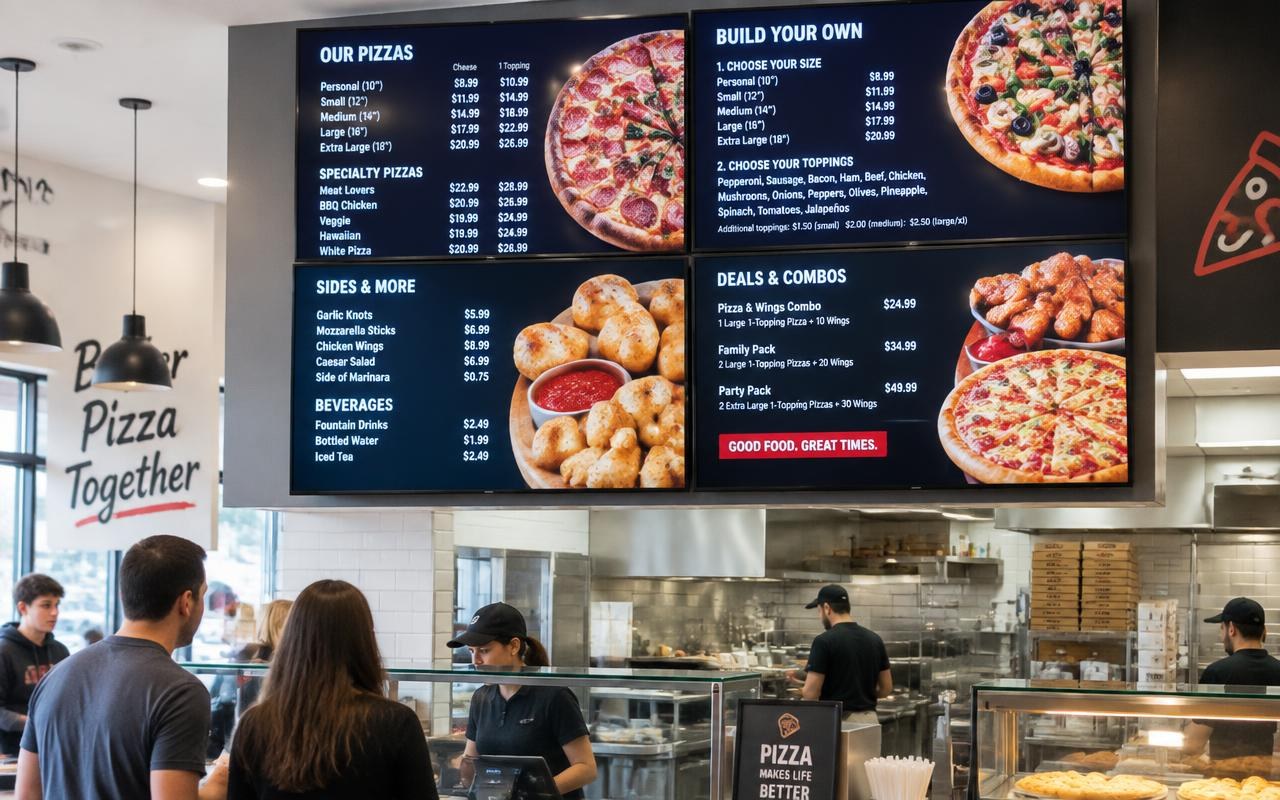 A pizzeria using PosterBooking on a two by two wall of four digital menu screens