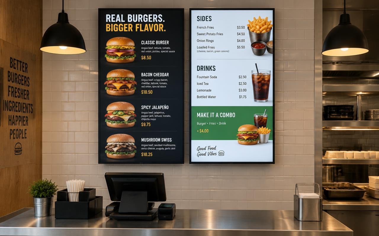 A burger restaurant using two portrait digital menu boards above the counter