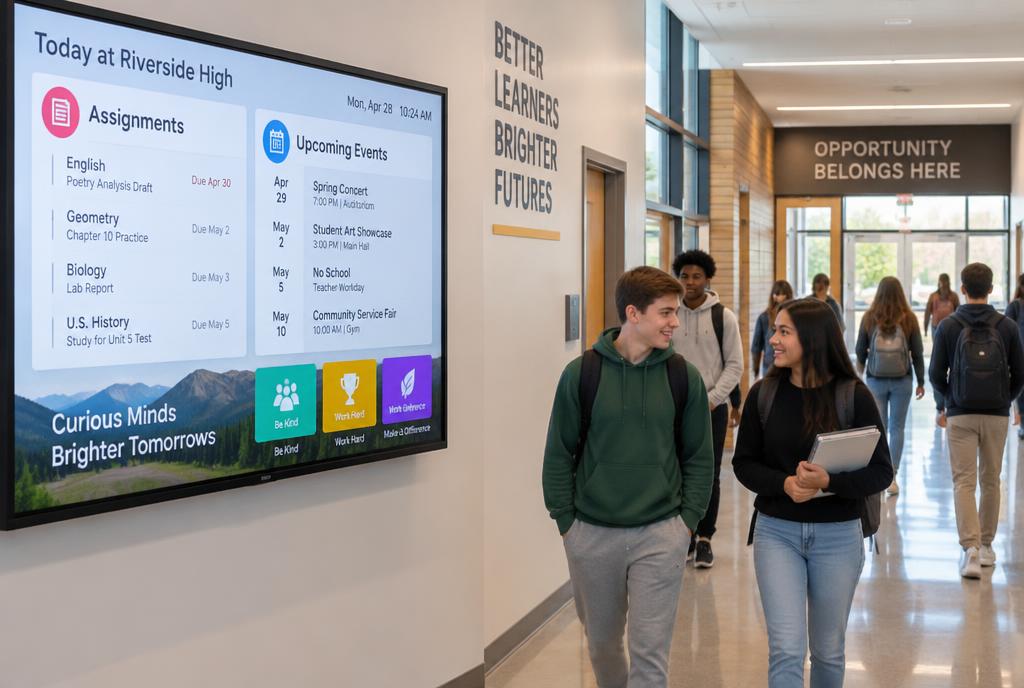 Students viewing assignments and school events on a digital signage screen