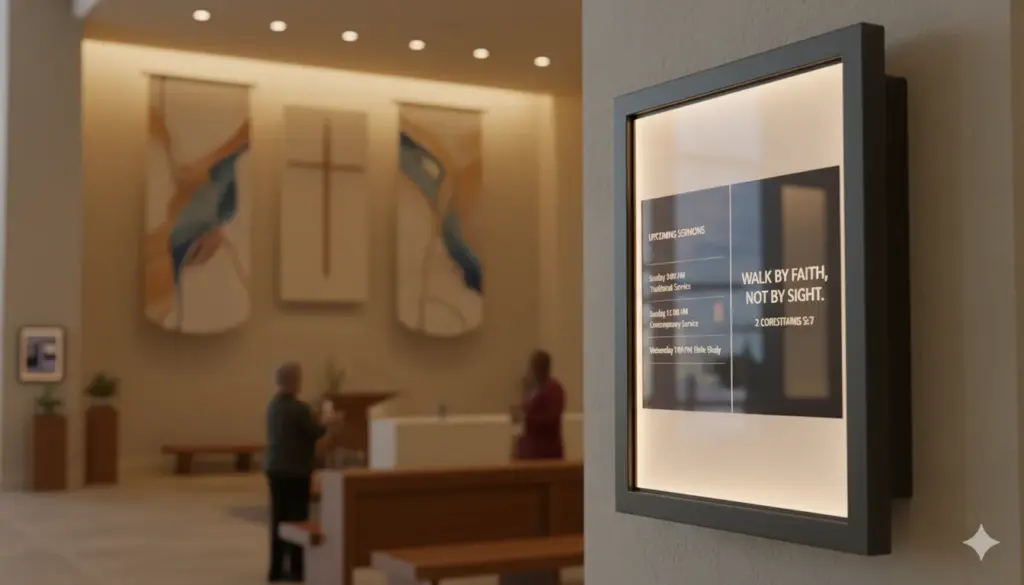 Digital signage display in church lobby showing sermon times and inspirational verse.