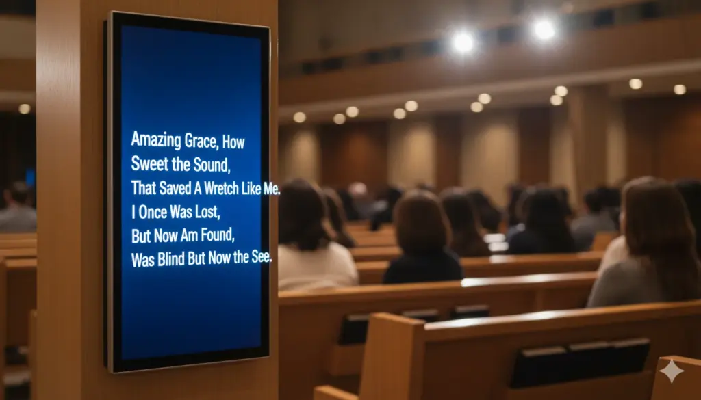 Digital signage near church pews showing worship lyrics during live service.