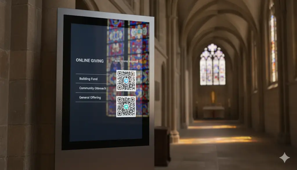 Donation kiosk digital signage with QR codes in cathedral hallway.