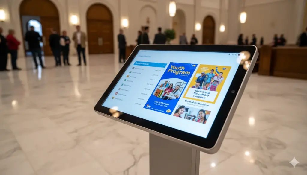 Touchscreen digital signage tablet showing church event calendar and youth programs.
