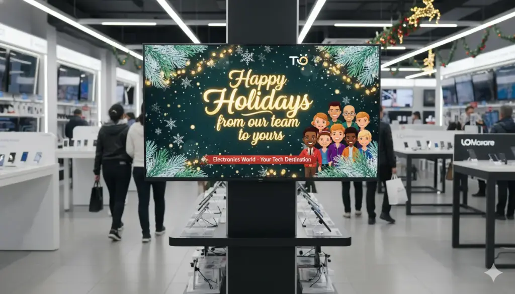 happy holidays content on digital signage